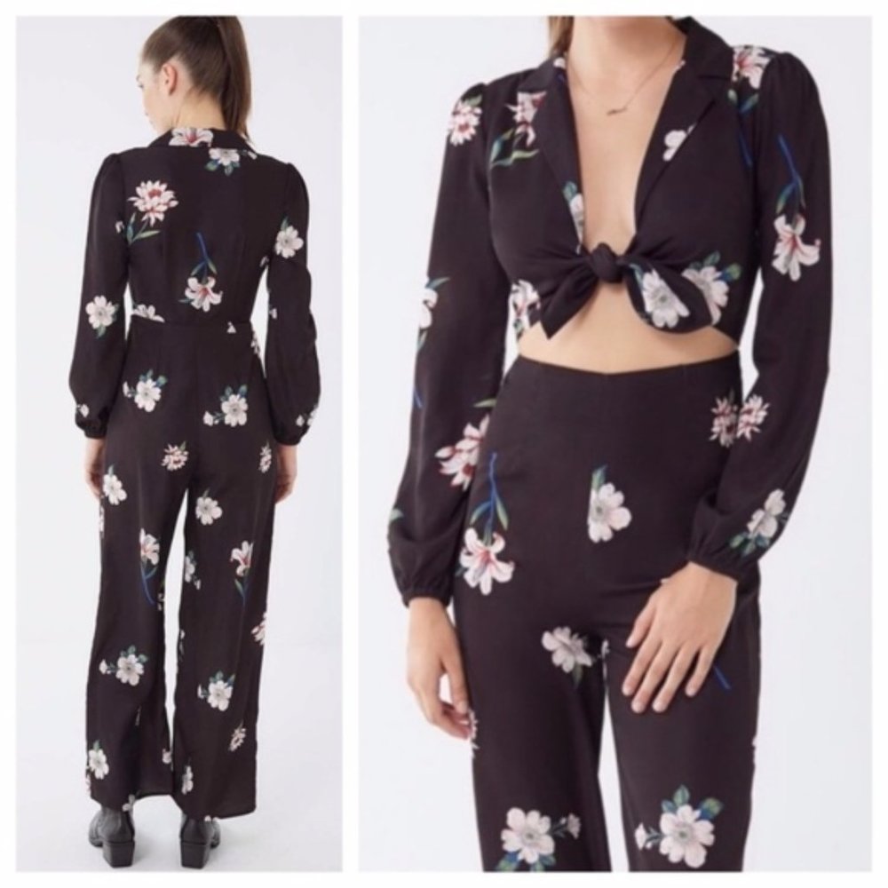 UO Floral Tie Front Cut Out Flowy Jumpsuit NEW